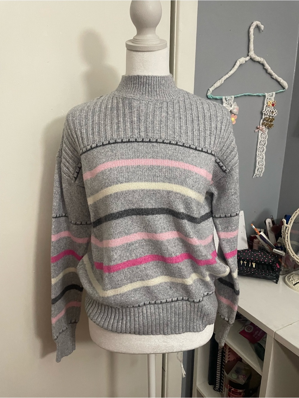 St. John's Bay Gray Striped Turtleneck Sweater with Pink and Cream Accents